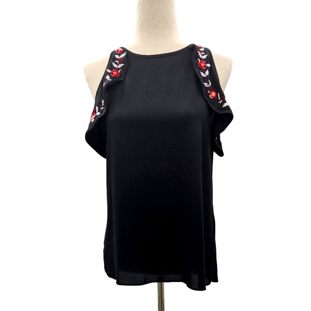 LOFT Black Sleeveless Embroidered Floral Ruffle Tank Top Women's Size S‎